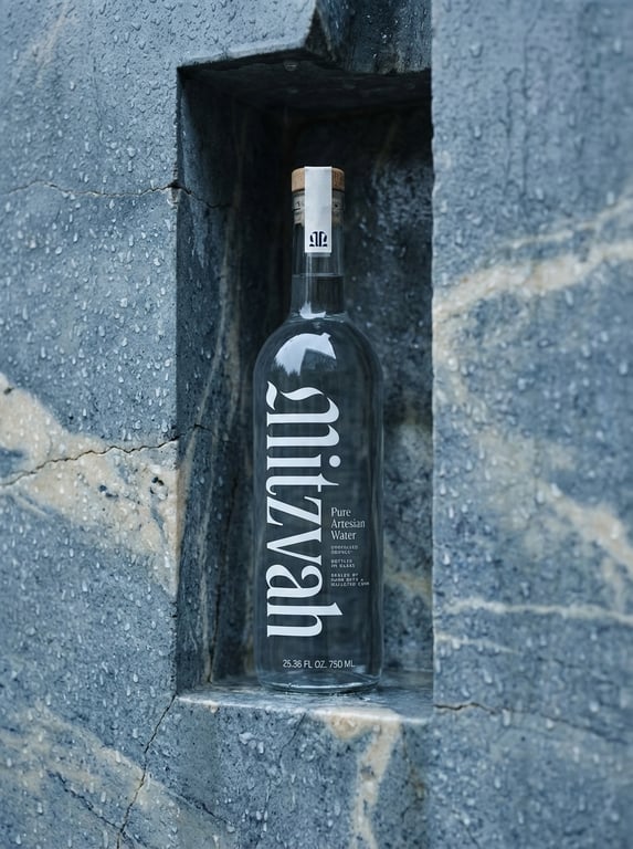Mitzvah artesian water bottle nestled in a stone alcove with rain droplets