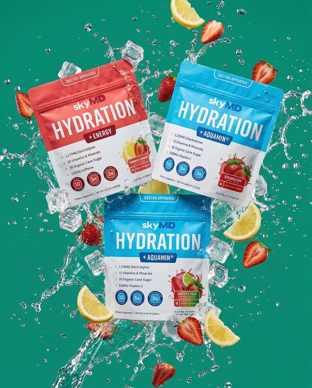 SkyMD Hydration packets surrounded by fresh fruit and splashing water on a teal backdrop