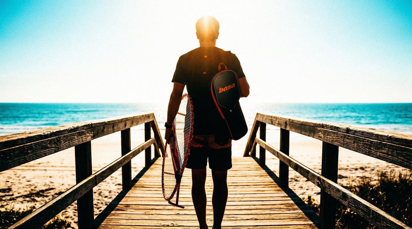Silhouetted figure carrying Basa gear walking down a wooden boardwalk toward the ocean at golden hour